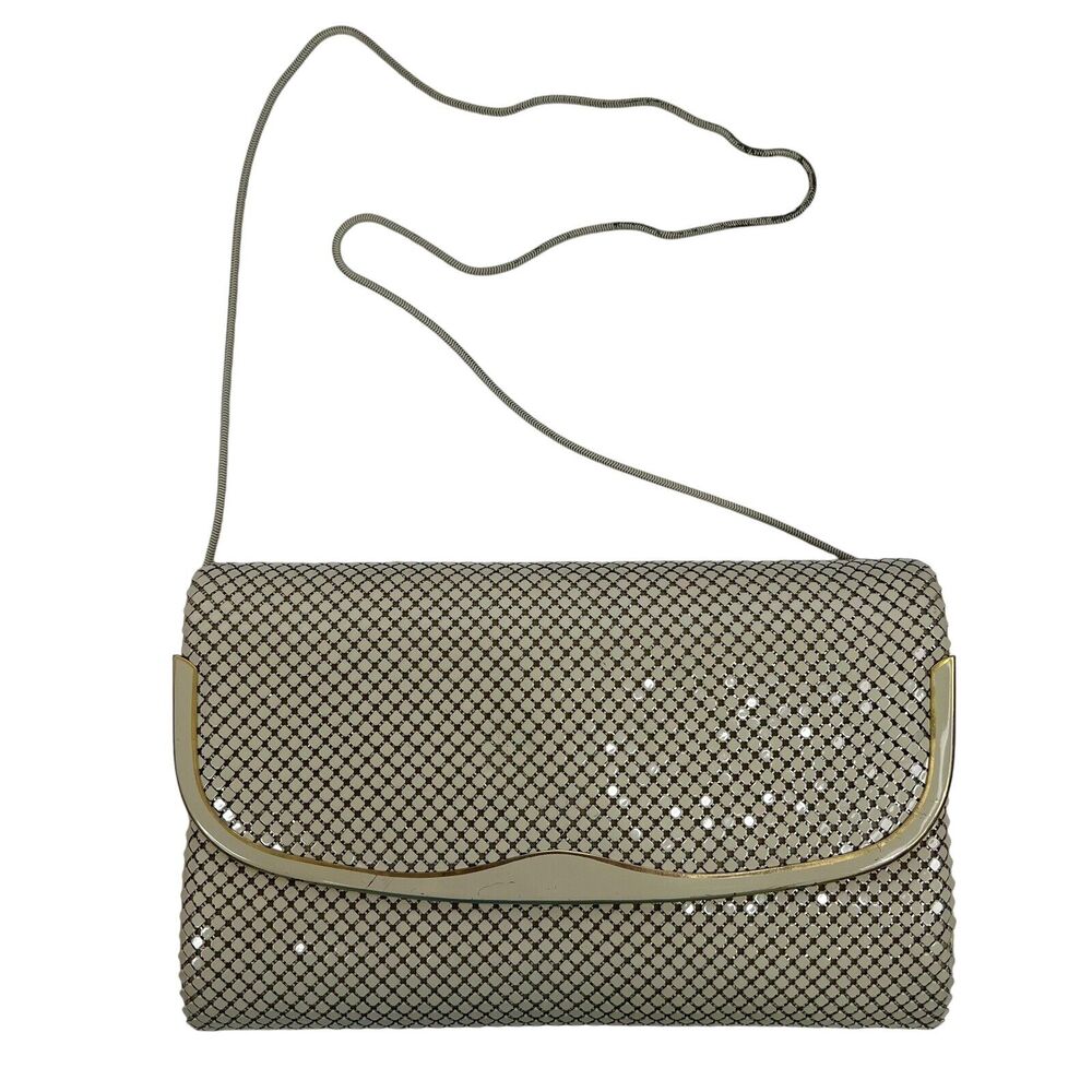 Vintage Elka Original Ivory Metal Mesh Purse Clutch Evening Bag Chain Strap 70s